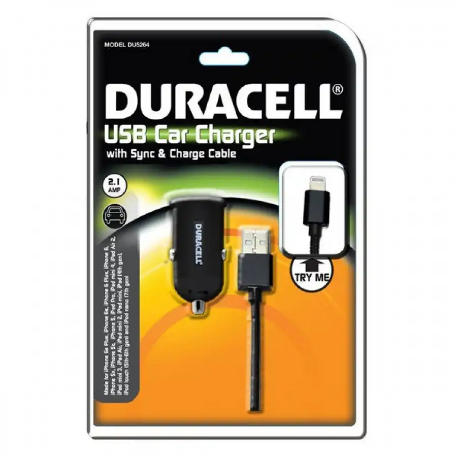 Duracell Mini USB Car Charger with Sync and Charge Cable