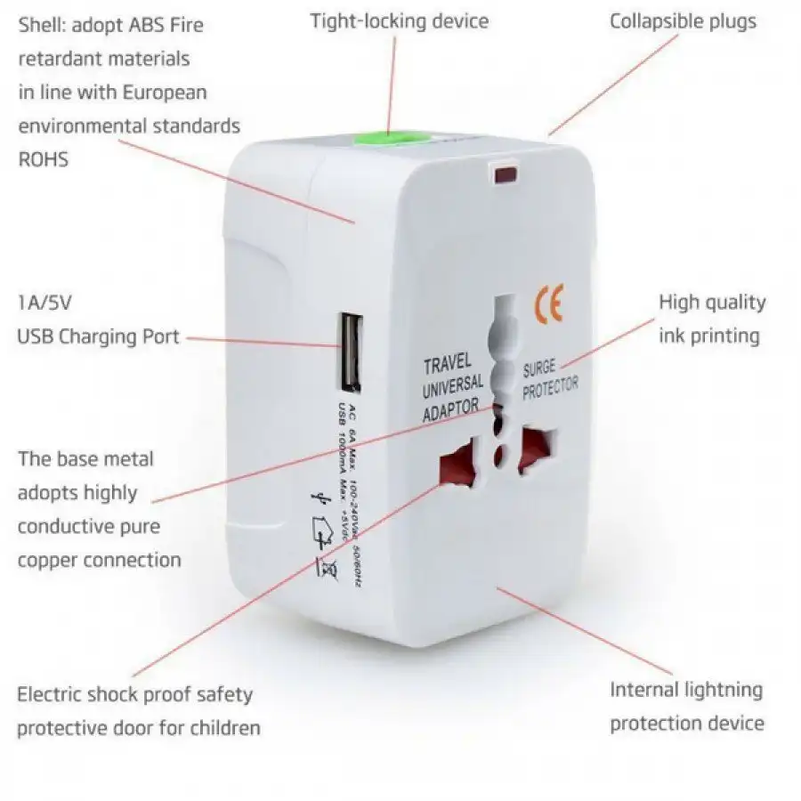 ALL-IN-ONE Universal Travel Adaptor with 1000mA USB - Image 2