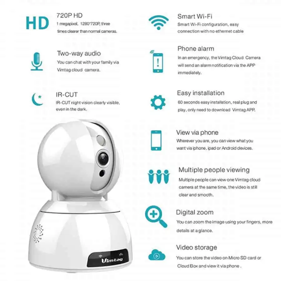 Vimtag P2P Wireless Camera, 720P Resolution, 2 Way Talk, Support 128G MicroSD, and Cloud Storage - Image 4